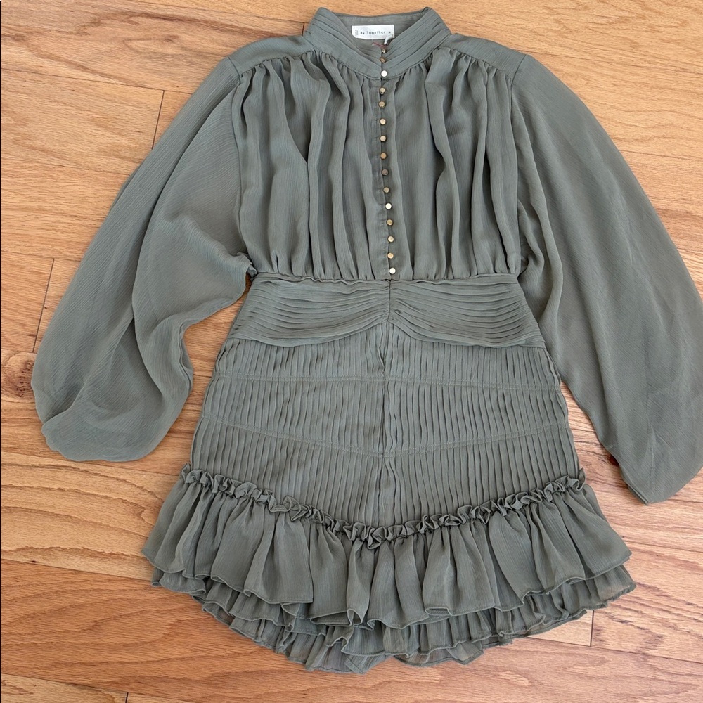 By Together $110 clothing button down fiddle dress ruffles olive green Medium M - Picture 7 of 17